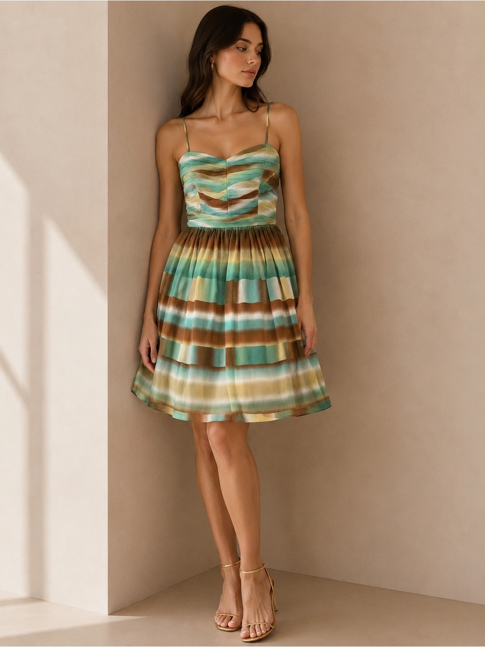 BCBG Green and Brown 100% Silk Pleated Sundress